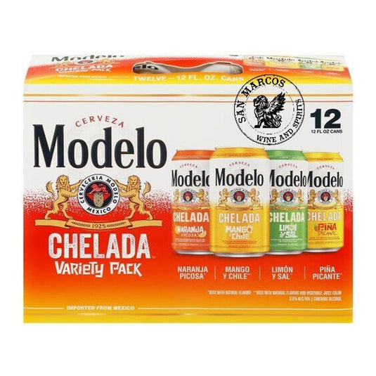 Modelo Chelada Variety Pack: Naranja Picosa, Mango Y Chile, Limon y Sal, Pina Picante