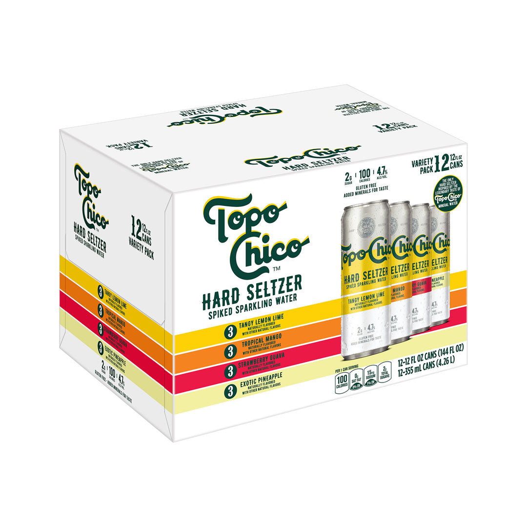 Topo Chico Hard Seltzer Variety Pack: Tangy Lemon Lime, Tropical Mango, Strawberry Guava, Exotic Pineapple